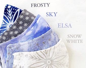 Wintery Ice Blue Christmas Snowflake mask Cotton, Reusable, Washable, Fashion Fitted Contour, Soft and smooth Holiday Face mask -Made in USA