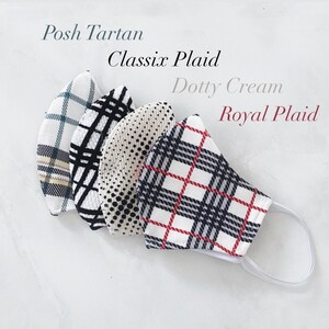 Chic Plaid Face Mask - Reusable, Washable, Fashion Fitted Contour, Fabric Business Plaid Tartan Cream White Black face mask - Made in USA