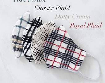 Chic Plaid Face Mask - Reusable, Washable, Fashion Fitted Contour, Fabric Business Plaid Tartan Cream White Black face mask - Made in USA