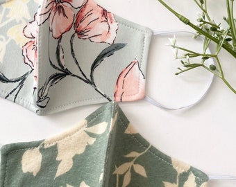 Spring Sage Light Olive Green Floral Face Mask Reusable, Washable, Fashion Fitted Contour, Fabric - Made in USA