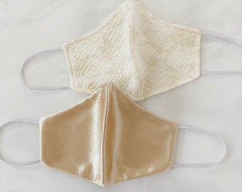 Gold Silk and Ivory Sparkling Gold Marble Face Mask, Reusable, Washable, Fashion Fitted Contour, Luxury Fabric Face Mask - Made in USA