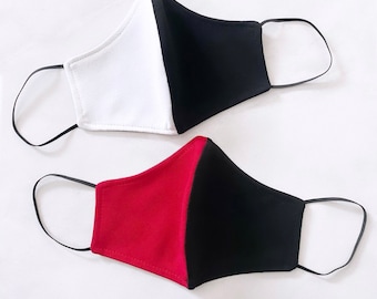 Black White Red duo Face mask - Reusable, Washable, Fashion Fitted Contour, Solid Half Black, Half White, Half Red Face Mask - Made in USA