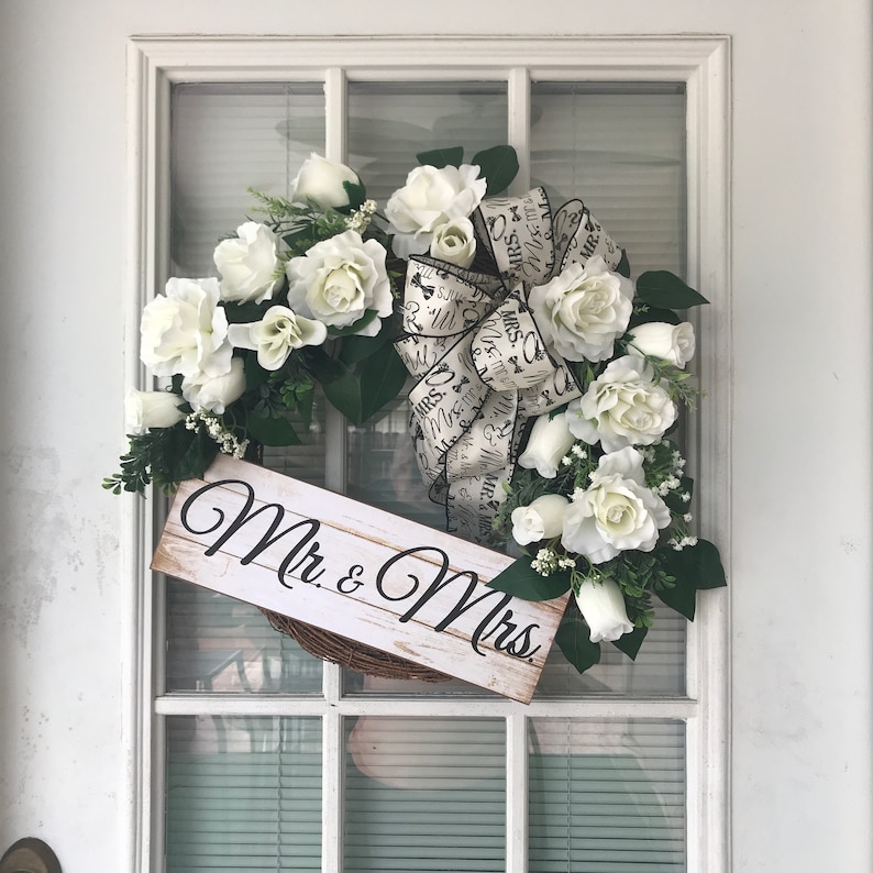 Mr. & Mrs. Grapevine Floral Door Wreath