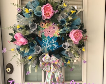 Hello Spring Wreath, Pink Peony, Farmhouse Easter Door Decor