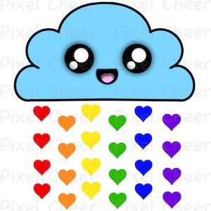 May include: A cartoon illustration of a light blue cloud with a smiling face and black outlines. The cloud is raining colorful hearts in red, orange, yellow, green, blue, and purple.