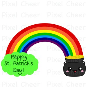 Op de afbeelding: Kleurrijke illustratie voor St. Patrick's Day. Een regenboog overspant een groene wolk met de tekst "Happy St. Patrick's day!". Een zwarte pot met goud staat aan het einde van de regenboog.