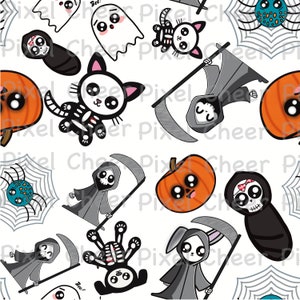 Puede incluir: Un patrón repetitivo de personajes de dibujos animados de Halloween sobre un fondo blanco. El diseño incluye calabazas sonrientes, arañas, fantasmas, gatos y figuras de la Parca, todo en un estilo lindo. La paleta de colores es principalmente naranja, negro, blanco y gris.