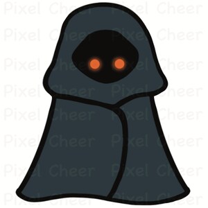 May include: A cartoon illustration of a figure in a dark grey hooded cloak. The face is obscured by a black void with two glowing orange eyes. The image has a simple, outlined style.