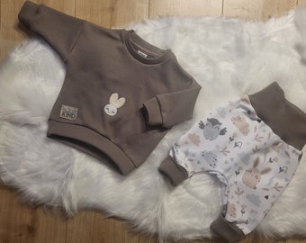 Babyset,  Homecomingoutfit, Geschenk zur Geburt, Erstlingsset, Pumphose,   Pullover mit gesticktem Hasen,  Eule und Hase