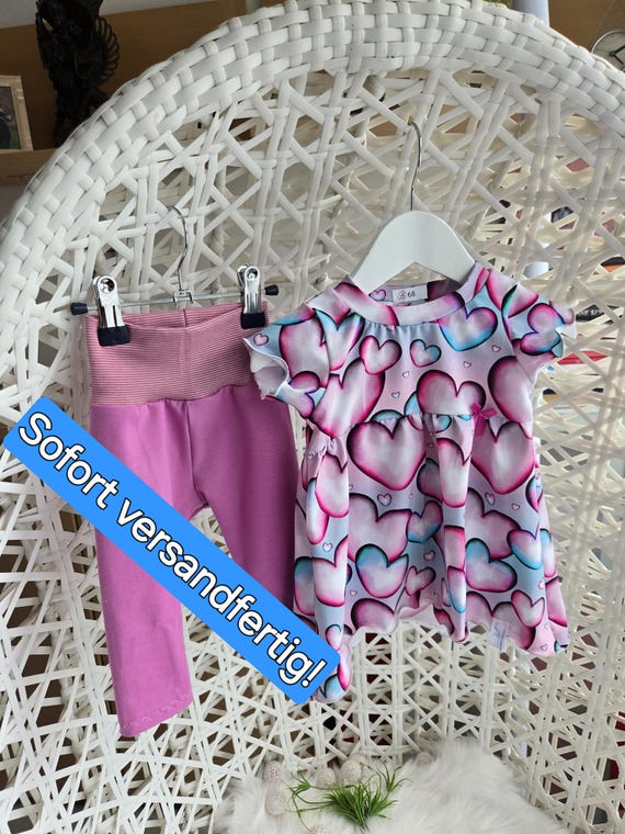 Baby summer dress size 68, heart-shaped tunic made of cotton jersey with hearts, pink, light blue, leggings Baby summer dress size 68, heart-shaped tunic made of cotton jersey with hearts, pink, light blue, leggings
