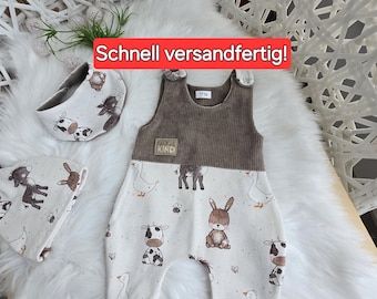 Newborn-Set,  Erstlingsset, Homecomingoutfit, Tiere vom Bauernhof, Geschenkset, Strampler, Pumphose, Wendetuch,  Knotenmütze,