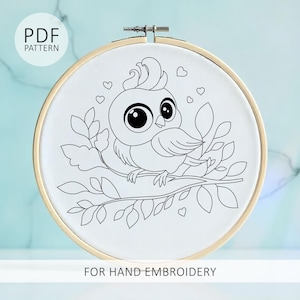 PDF template - hand embroidery pattern in 6 sizes - cute little bird sitting on a branch