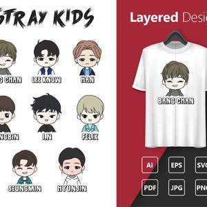 Digital Stray Kids - all members Chibi Cartoons - Layered Svg Vector Cut File for Cricut & Silhouette and other plotter