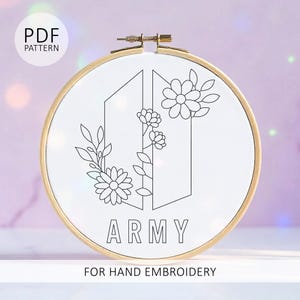 PDF Stickvorlage - Handstickerei Designvorlage in 6 Größen - Süßes BTS Army florales Design