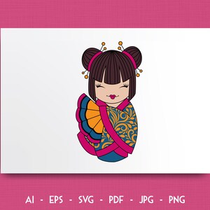 Lalka KOKESHI Warstwowa Cricut / Sylwetka Projekt Cięte Pliki SVG Wektor Fajny Typo Styl Moda Logo Urocza Japonia Kreskówka