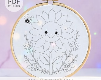 PDF template - hand embroidery pattern in 6 sizes - cute flower cartoon