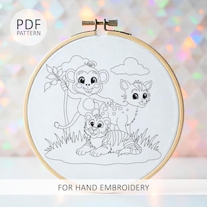 PDF template - hand embroidery pattern in 6 sizes - cute animals