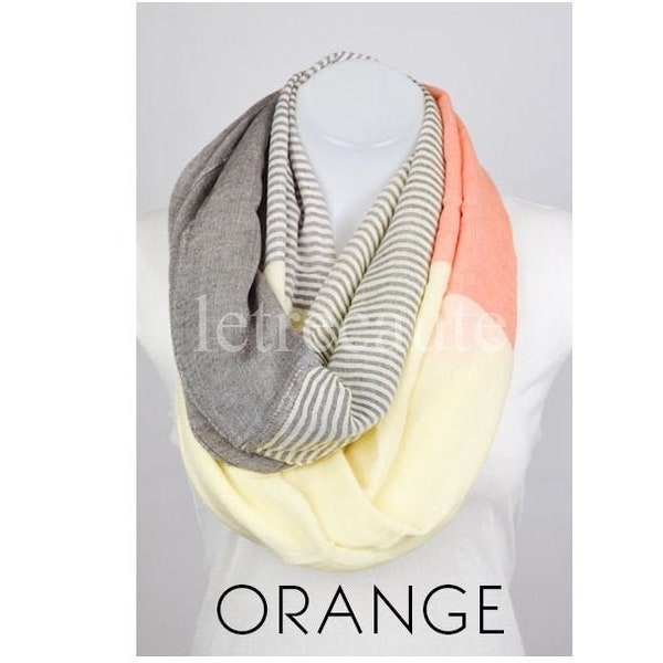 orange scarf, colorblock stripe print infinity scarves, head scarf, hair wrap, hijab, beach cover up