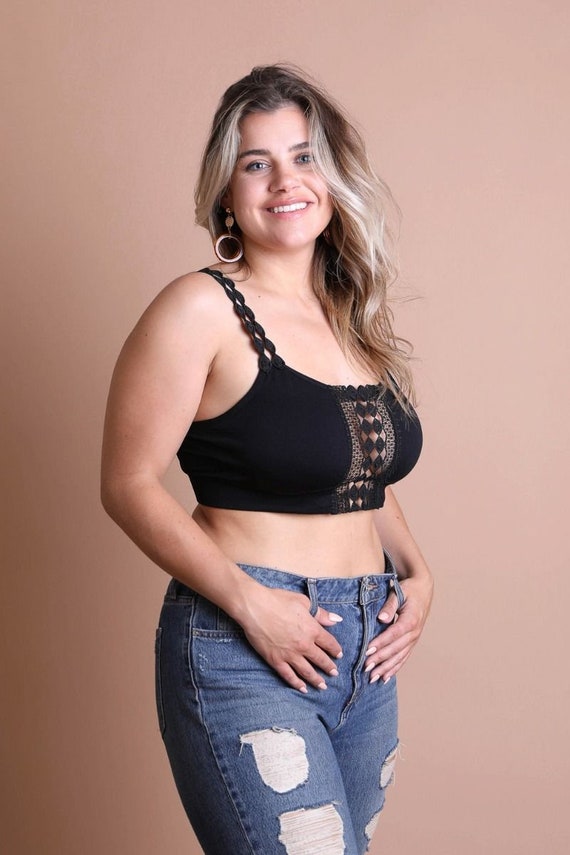 Plus Size Bralette Black Boho Eye Lace Applique Bralette 