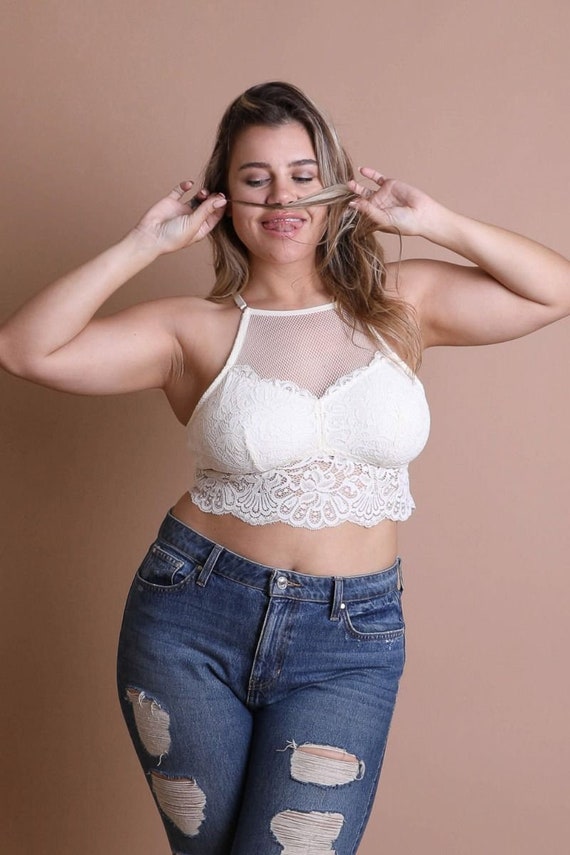 Plus Size High Neck Floral Lace Bralette 