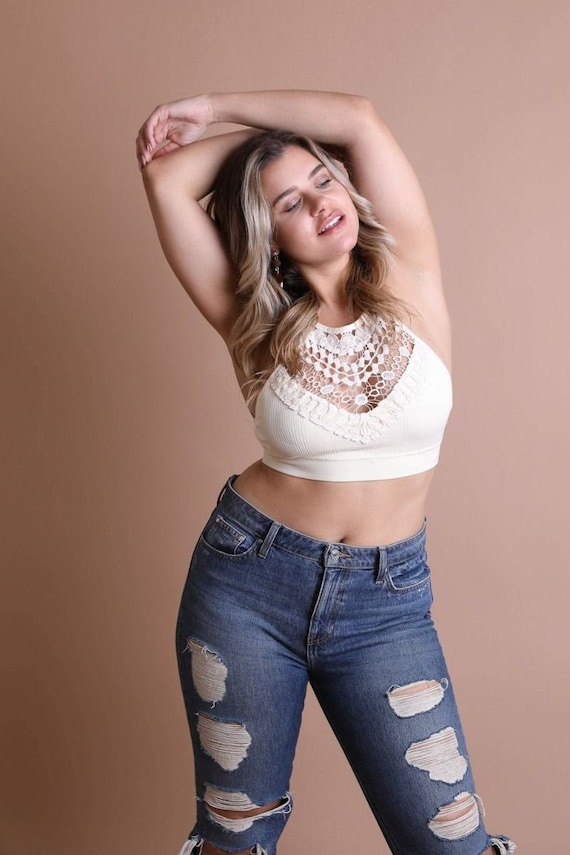 Plus Size Crochet Lace High Neck Bralette 