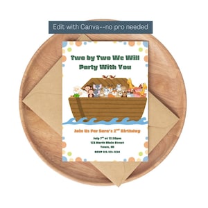 Noah’s Ark Birthday Digital Invite | Two by Two Animal Theme | Editable Canva Template | No Pro Needed | Christian birthday invitation