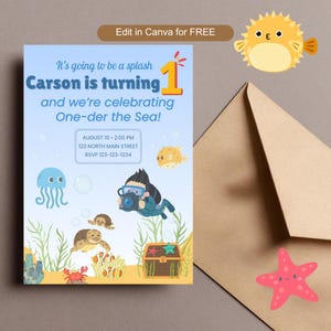 One-der the Sea Birthday Invitation | 1st Birthday Canva Template | Editable Ocean Theme | Instant Download | No Canva Pro Needed