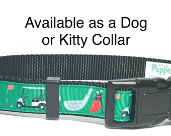 May include: Black dog or kitty collar with a green golf-themed pattern. The pattern includes golf clubs, golf carts, and flags. The collar has a black plastic buckle and a metal D-ring.