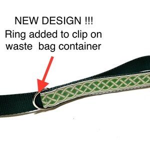 May include: A green and white patterned dog leash with a metal ring attached. The ring is for attaching a waste bag dispenser.