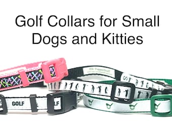 May include: A collection of golf-themed pet collars for small dogs and kitties. The collars feature various designs, including golf club patterns and the word "GOLF". Colors include pink, black, white, and green. Each collar has a plastic buckle.