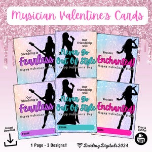 May include: Valentine's Day cards with musician silhouettes. Each card features a different design with phrases like "Fearless," "Never Go Out Of Style," and "Enchanted." The cards are available as an instant download.