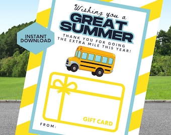 Bus Driver Thank You Card | End Of School Year Card | Gift Card Holders | Thank You Gift for Bus Drivers | Printable Instant Download
