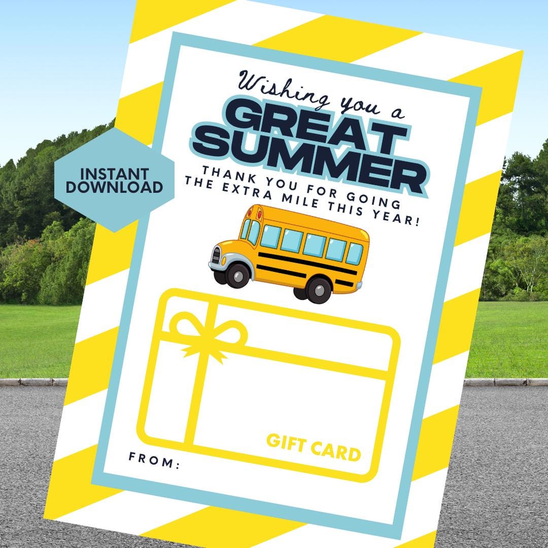 Bus Driver Thank You Card | End Of School Year Card | Gift Card Holders | Thank You Gift for Bus Drivers | Printable Instant Download