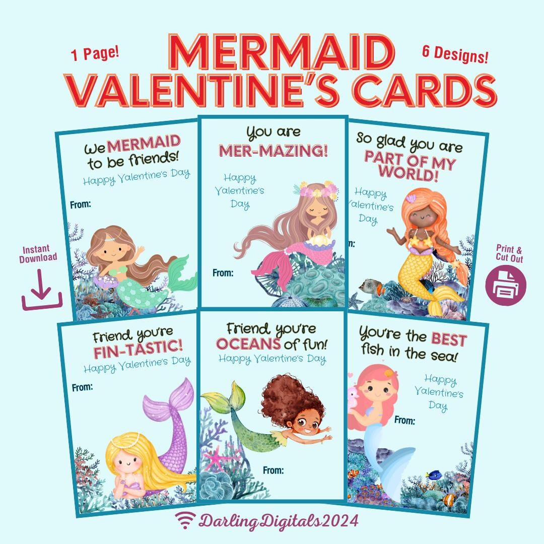 Mermaid Valentine's Day Cards for Kids | Printable Mermaid Cards for ...