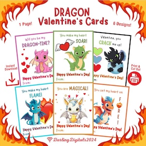 Drachen-Valentinstagskarten für Kinder | Druckbare Drachen Karten für Valentinstag | Ausdruckbare Valentinstagsbilder | Sofort Download