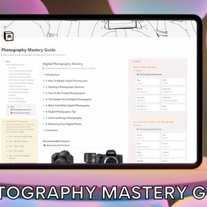 May include: A digital guide titled "Photography Mastery Guide" with a table of contents listing topics such as "How to Master Digital Photography", "Starting a Photography Business", and "The Hidden Art of Digital Photography".