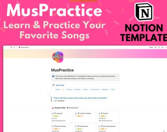 MusPractice - Digital Music Notebook | Practice Guitar, Bass, Piano, Drums - Notion Dashboard Template for Tracking Music Study and Practice