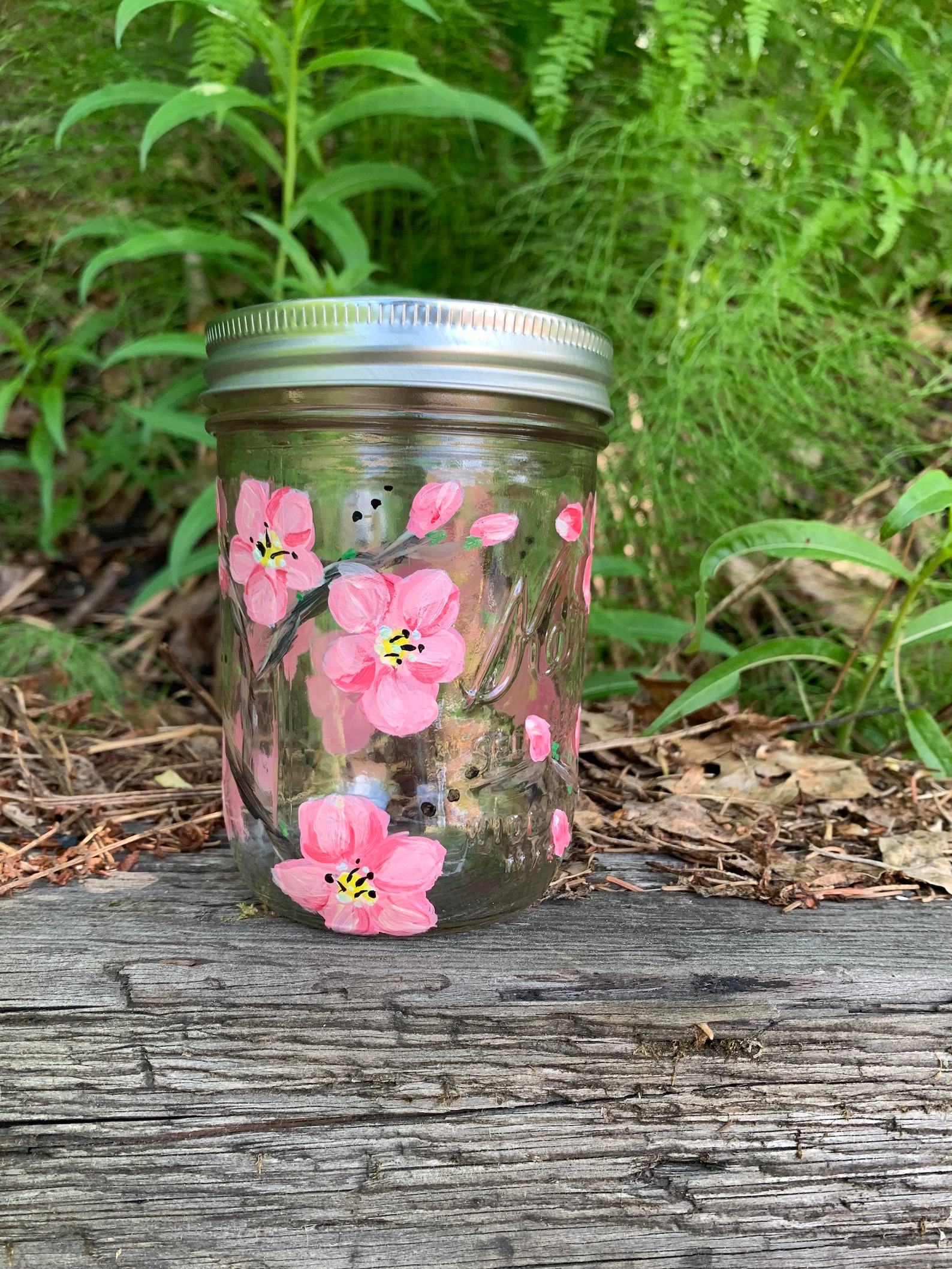 Cherry Blossom Mason Jar, Handpainted, Pint Jars, Functional Art