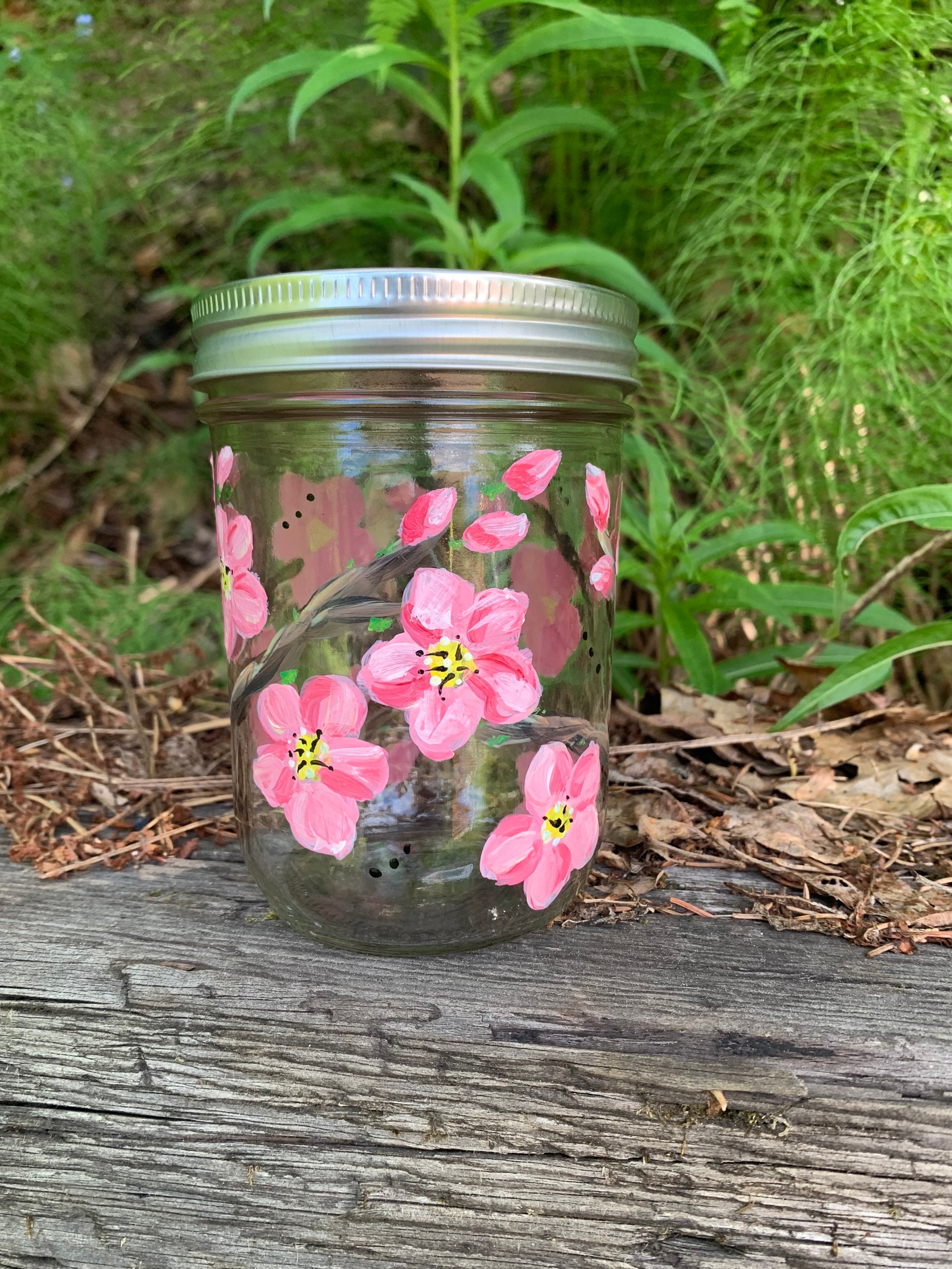 Cherry Blossom Mason Jar, Handpainted, Pint Jars, Functional Art