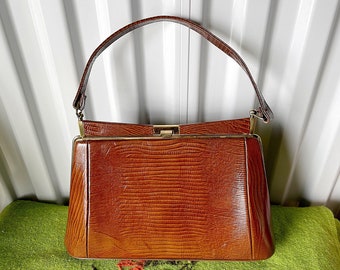 Vintage 50s 60s exotic leather gold clasp handbag with inside zipper and pocket lizard reptile leather