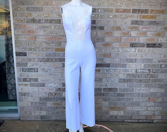 Vintage 1960s White Jumpsuit with Lace in front and Ties in Back Handmade 70s Retro One Piece See Description for Measurements