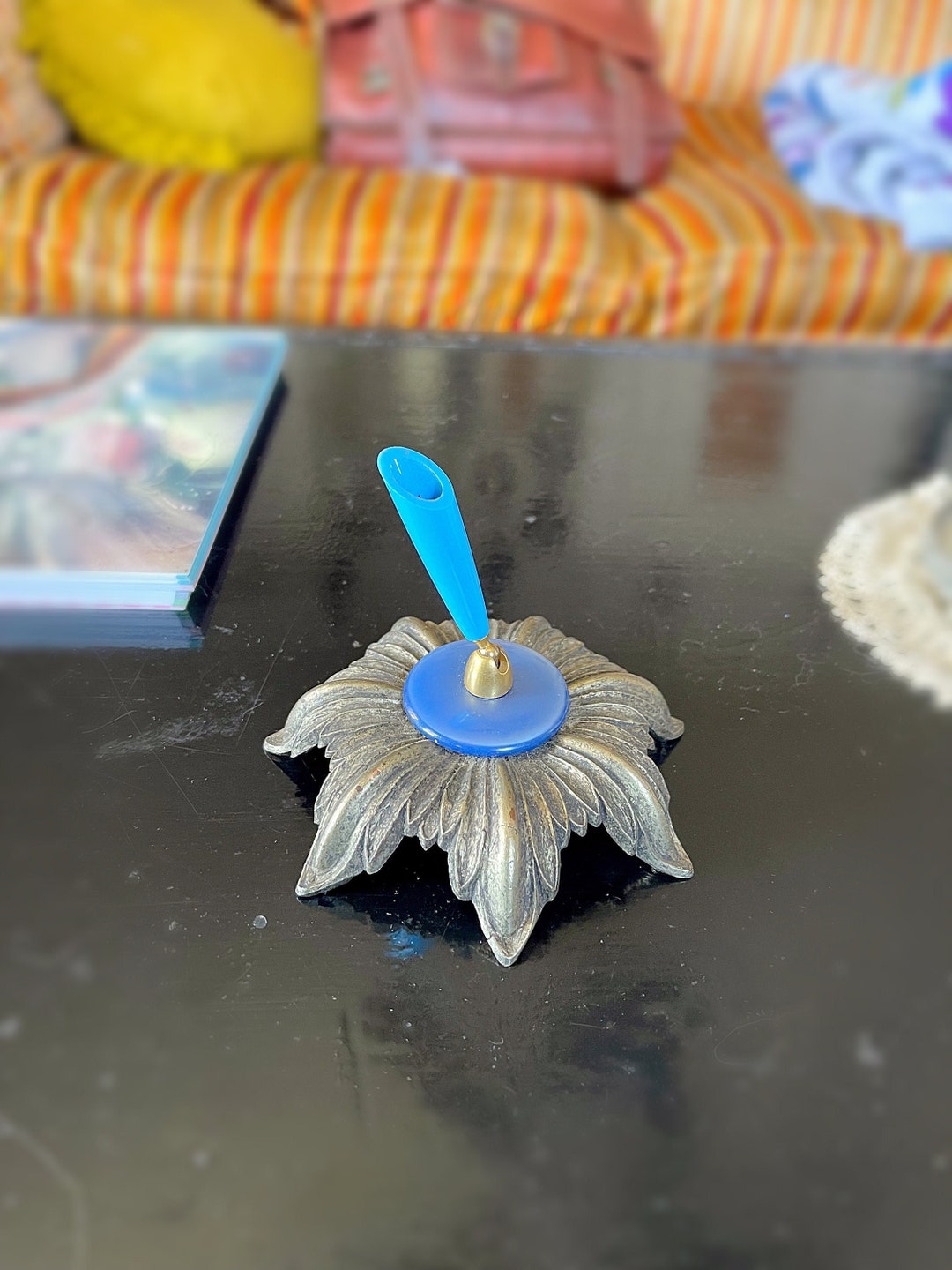 Vintage 1960s Brass Flower Pen Holder With Chatoyant Blue Detail Etsy