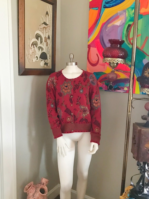 David Brooks Red Embroidered Floral Leaves Sweater