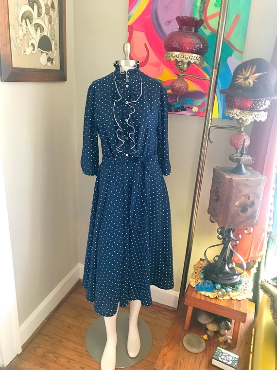 Vintage 1970s Navy Polka Dot Dress