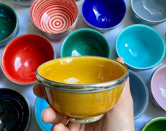 SMALL Ceramic Snack Bowl with Silver Lining Handmade in Morocco Perfect for Snacks Desserts Appetizers