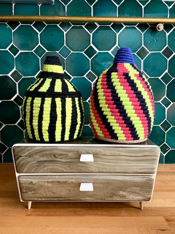 Pastel and Neon Berber Boho Storage Basket 100% Handmade Original from Morocco