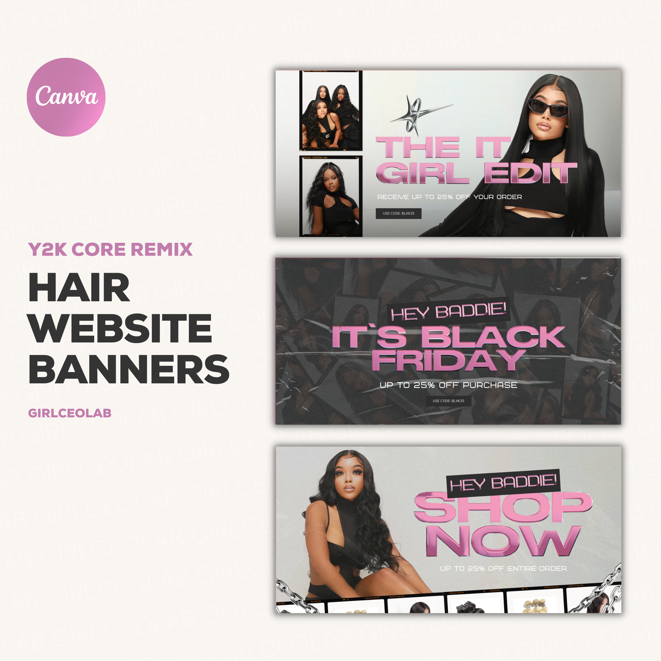 Y2K Core Website Banners I Editable Hair Website Templates I Black ...