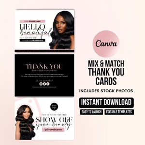 Cartão de agradecimento rosa Luxe, modelo de beleza editável, cartão de agradecimento DIY, cartão de agradecimento de chicote, modelo de agradecimento de beleza de cabelo