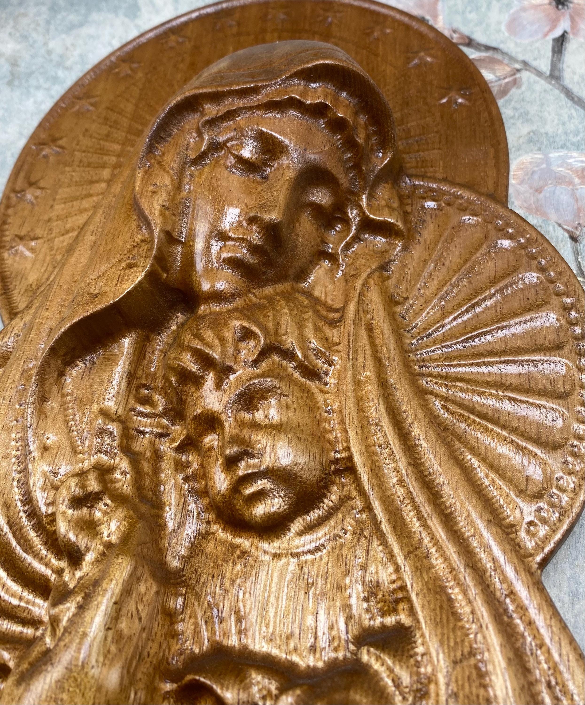 Blessed Virgin Mary and Child Jesus Wood Carving 12” Wall Plaque Wall ...