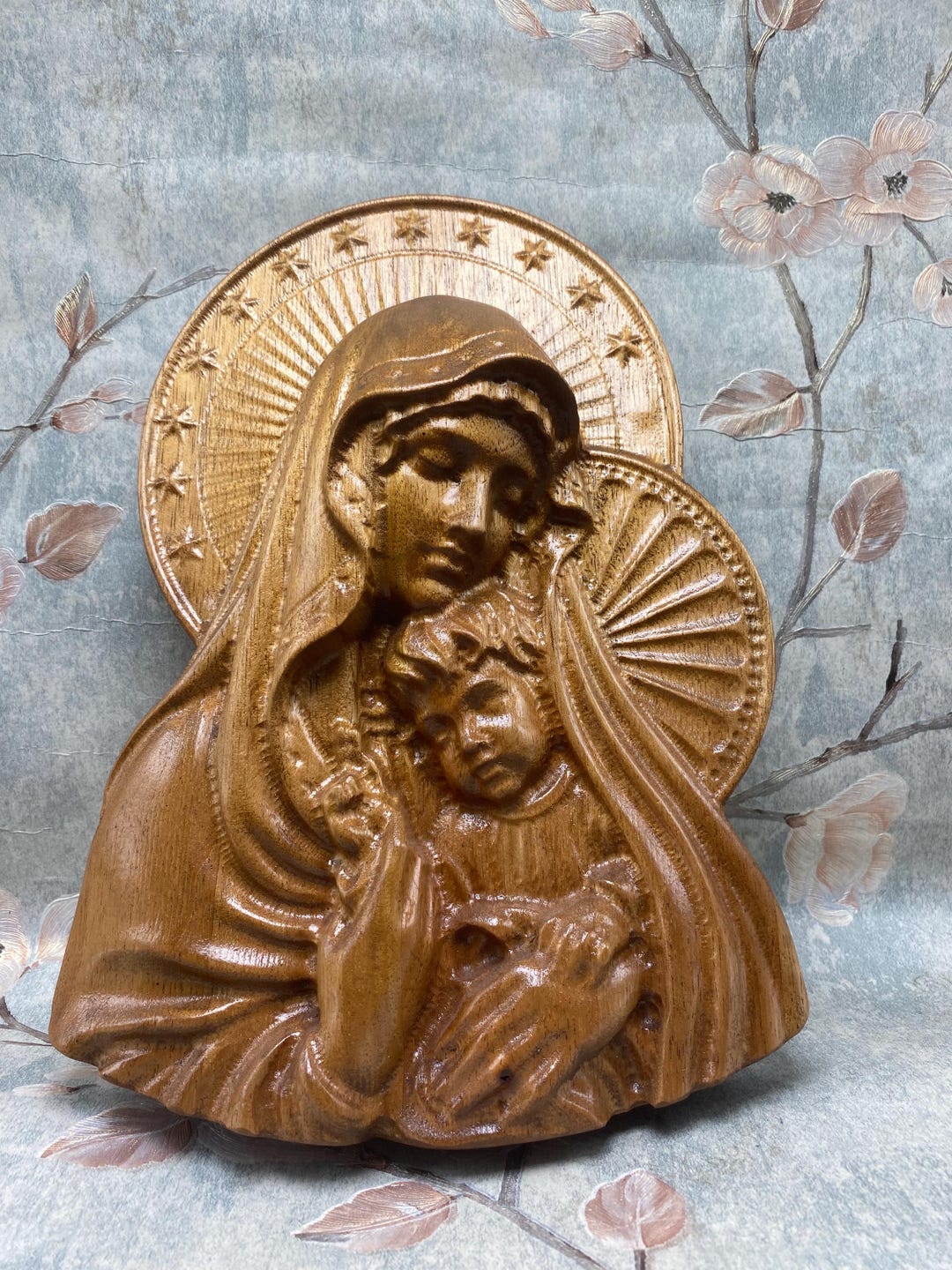Blessed Virgin Mary and Child Jesus Wood Carving 12” Wall Plaque Wall ...